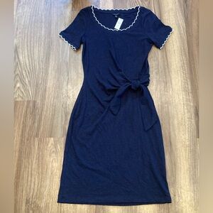 Talbots Navy Midi Cotton Dress with Scalloped Trim